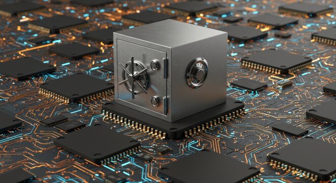 Metal safe on a glowing electronic circuit board.