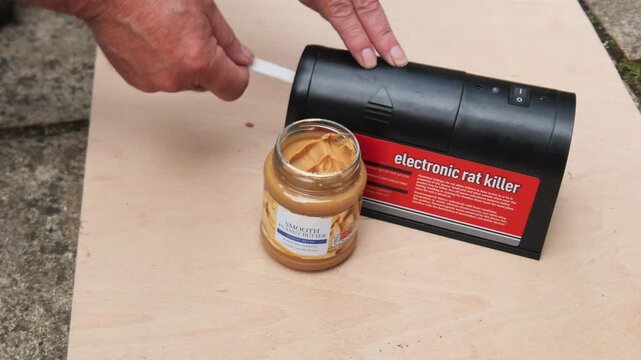 Electronic rat and mice trap being prepared with peanut butter bait. Modern technology for sanitation. Ideal for smart home or industrial pest management.