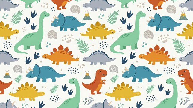 Abstract seamless dinosaur pattern background with colorful prehistoric icons