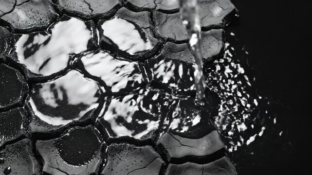 Water stream pouring onto cracked dry earth. Drought recovery concept with liquid hydration. Environmental irrigation process for parched soil surface investigation