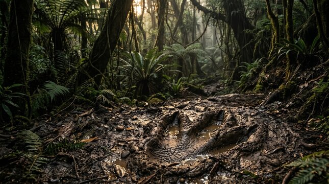 Realistic giant dinosaur footprint on prehistoric muddy ground