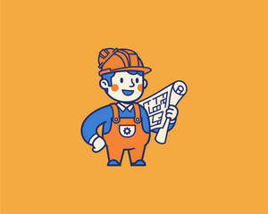 Fototapeta premium Construction Worker with Blueprints in Graphic Style, Urban Setting, Digital Illustration, Creative Concept