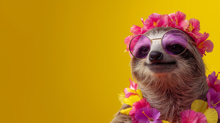 Fototapeta premium Funny sloth wearing pink sunglasses with tropical hibiscus flowers on bright yellow background, summer vacation concept with copy space for text