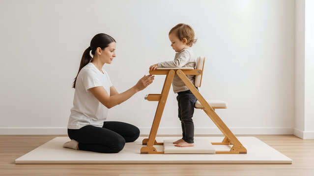 A mother kneeling on a mat and supervising her toddler standing in a wooden learning tower chair