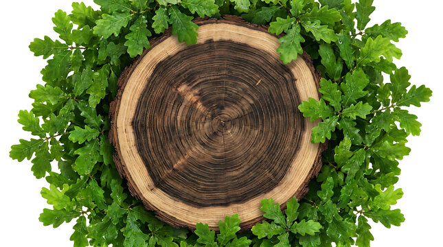 Tree stump surrounded by lush green leaves in forest