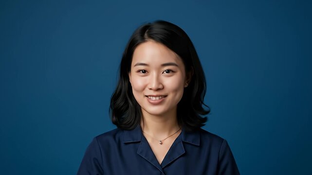 Smiling woman with dark hair, on blue. Shoulder-up portrait, wearing dark collared shirt