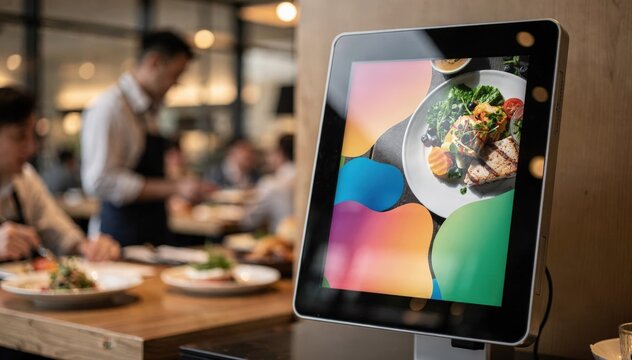 Dynamic lunch shift on AIenhanced menu display showing fresh lunch specials vividly while surrounding restaurant scene remains softly out of focus.