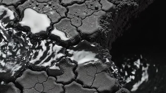 Water pouring onto dark dry cracked earth. Stream of liquid hydrating parched soil surface. Environmental rejuvenation and irrigation concept for agricultural study