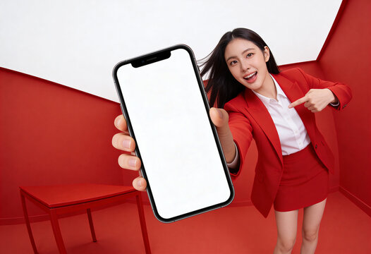 asian beautiful woman ware red dress  show blank of mobile screen