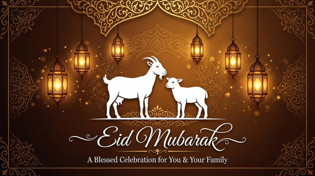 Eid al adha mubarak celebration greeting card with white goat and sheep silhouettes under glowing arabic lanterns in gold setting.