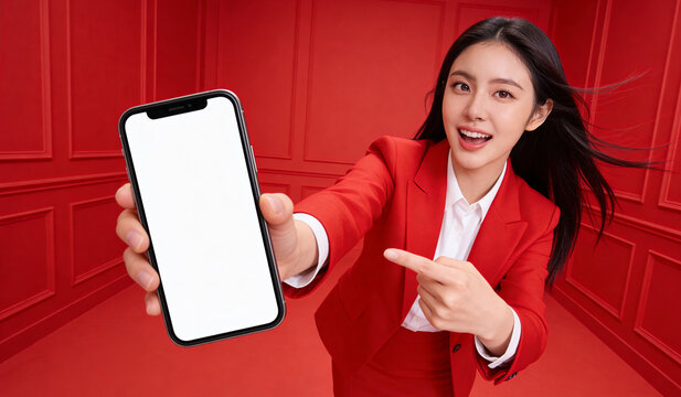 asian beautiful woman ware red dress  show blank of mobile screen