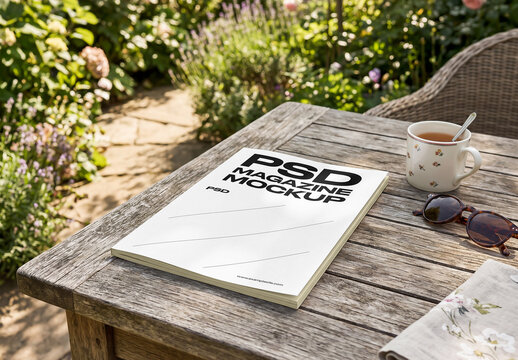 Magazine on Garden Table Mockup