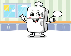 Cheerful Cartoon Refrigerator Chef in Kitchen, Fun Illustration, Bright & Colorful, Whimsical Environment © Art