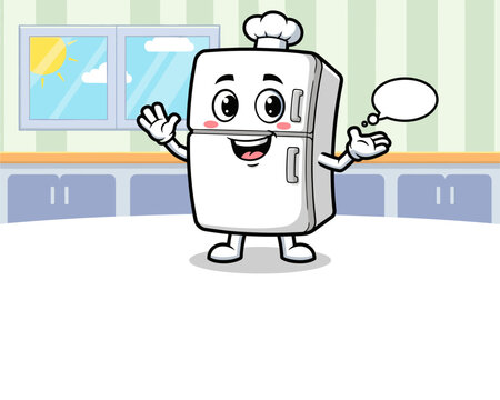 Cheerful Cartoon Refrigerator Chef in Kitchen, Fun Illustration, Bright & Colorful, Whimsical Environment