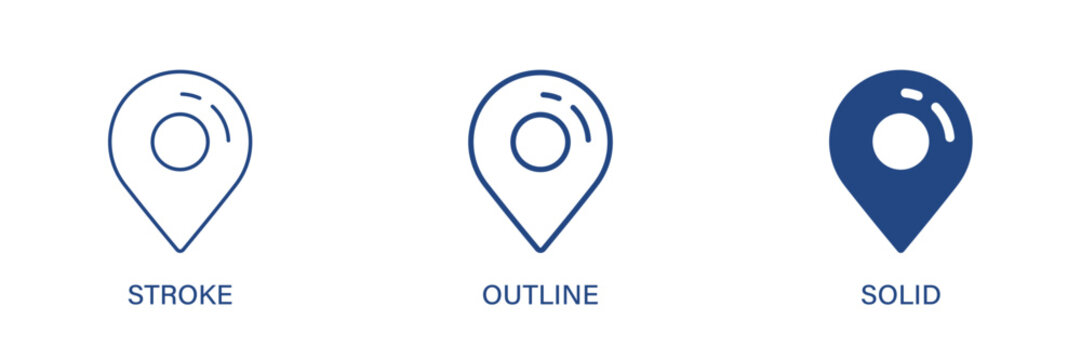 Map icon with editable stroke, outline and solid styles. Map, navigation, location, map pin, GPS icons. Vector icon illustration.