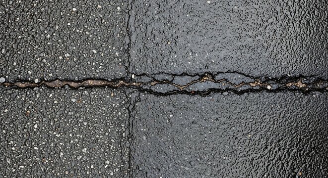 Close-up of Cracked Asphalt Road Surface with Visible Damage.