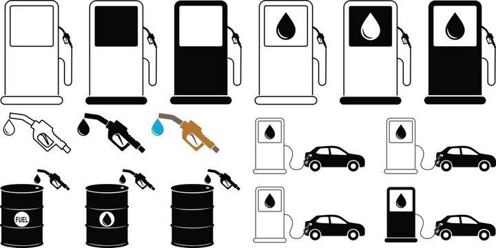 Fuel pump icon set collection group, gasoline, petrol, diesel, oil station symbols, nozzle, dispenser, barrel icons, black silhouette and outline line style vector illustration for energy transport