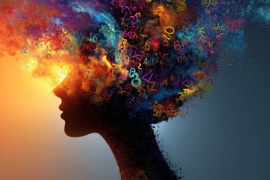 Silhouette of a woman with numbers and symbols exploding from her head.