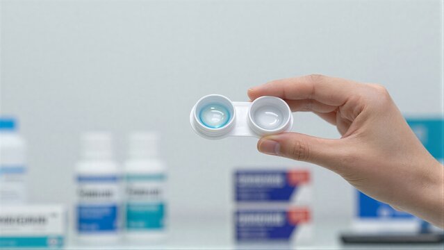 Hand holds contact lens case with one blue and one clear lens.