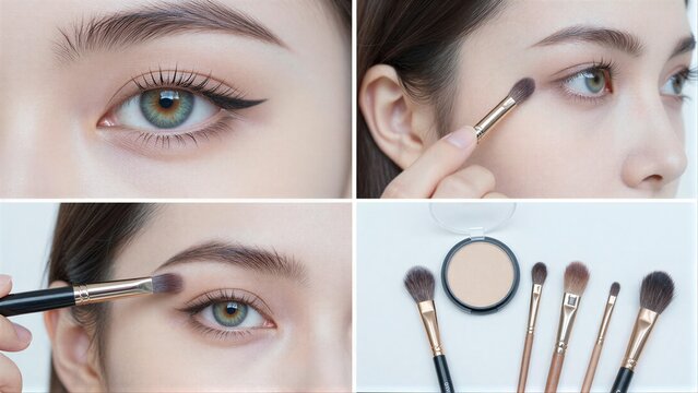 Woman applies makeup with brushes for eye and brow enhancement