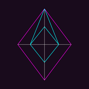 Neon geometric diamond crystal outline with cyan and magenta lines on a dark background illustration