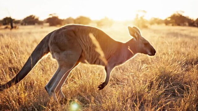 Golden hour sunlight bathes a powerful kangaroo as it leaps gracefully through a dry, sun-drenched grassy field in the Australian outback, showcasing its incredible strength and movement at dawn