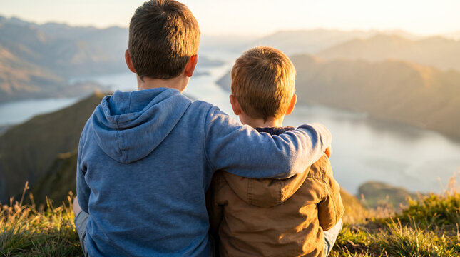 Two young brothers sitting together on a grassy hill looking at a mountain lake view