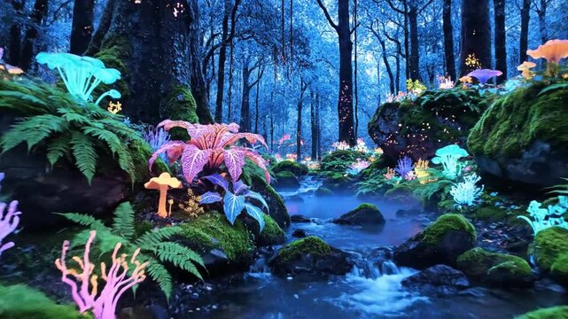 Enchanted forest stream with bioluminescent mushrooms and flora