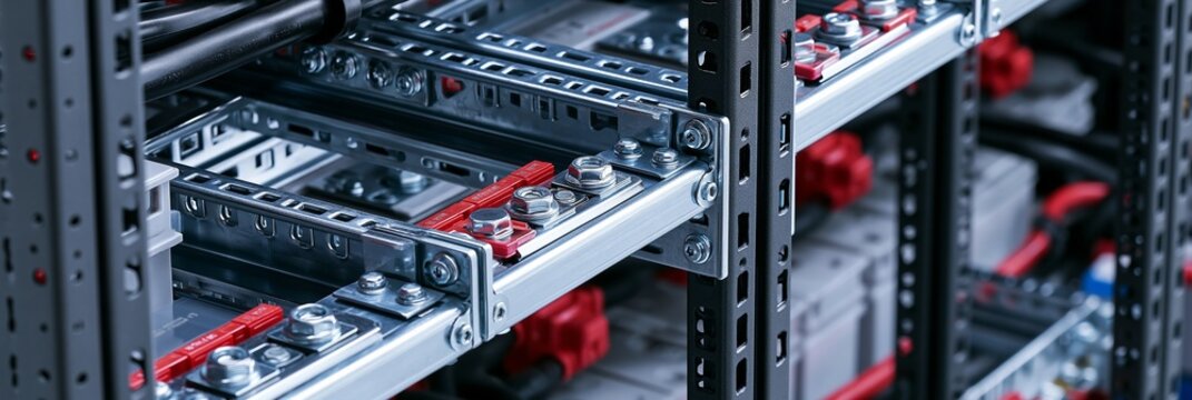 Medium shot of a stationary battery rack system showcasing robust electrical hardware and tightly secured support frames for stable energy storage installations.