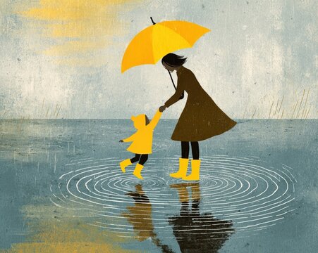 A mother holding an umbrella over her child while it rains, the child wearing yellow rain boots jumping into a puddle, wet pavement reflections