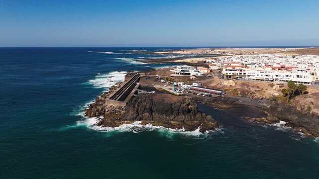 Aerial Approach to El Cotillo Village and Atlantic Coastline, Fuerteventura Canary Islands
