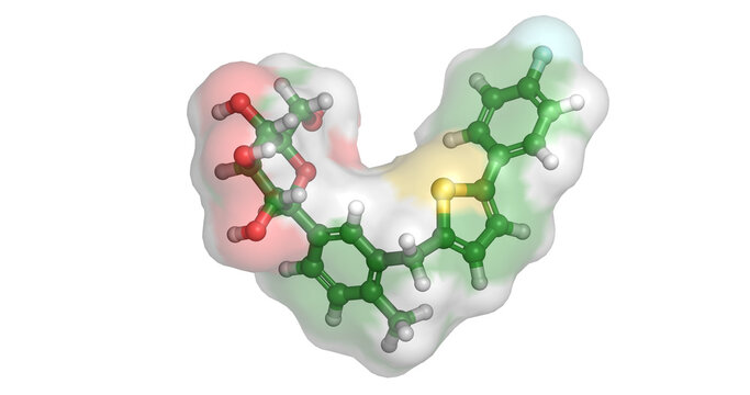Canagliflozin, drug/SGLT2 inhibitor for type 2 diabetes and kidney disease, 3D molecule 4K