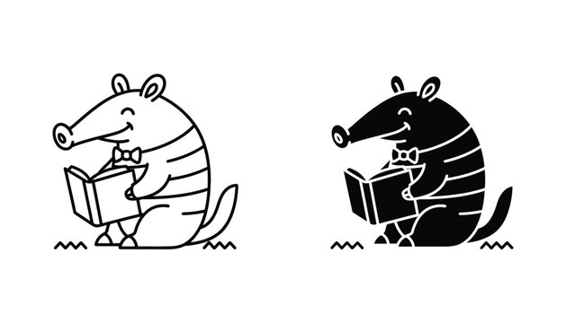Cute anteater wearing bowtie reading a book in nature landscape for children storybook illustration and mascot design featuring minimalist line art and solid black silhouette vector graphic styles