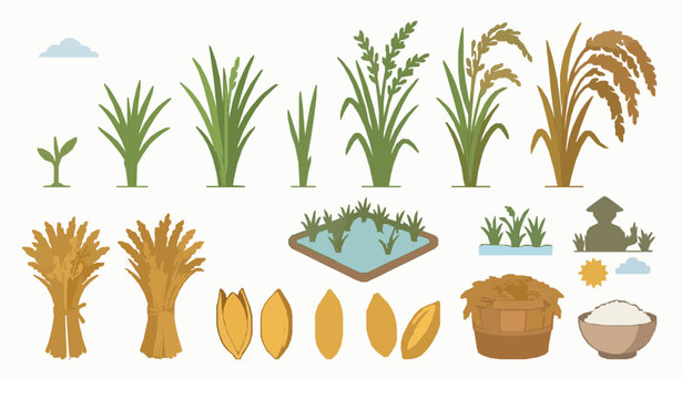 Modern rice grain field illustration set with paddy harvest and agricultural crop vector design