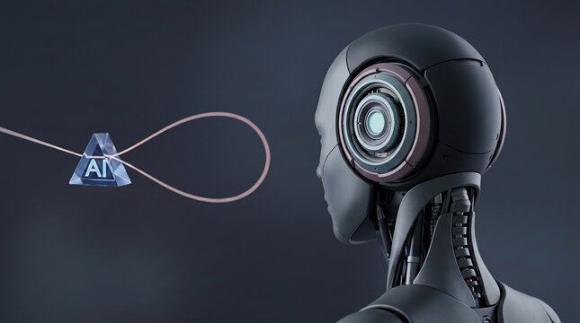 Robot head with ai symbol connected by cord representing artificial intelligence technology
