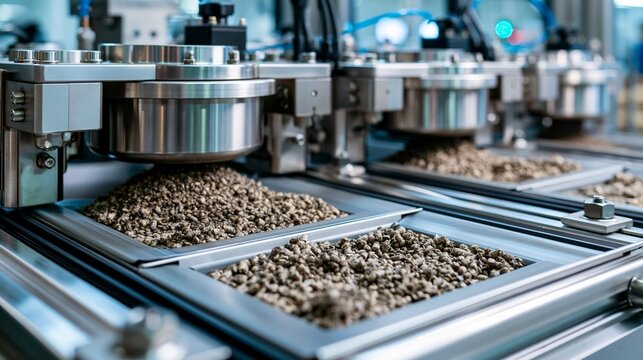 Medium shot of automated machinery processing lignin pellets on a biobased carbon precursor production line in a modern industrial plant.