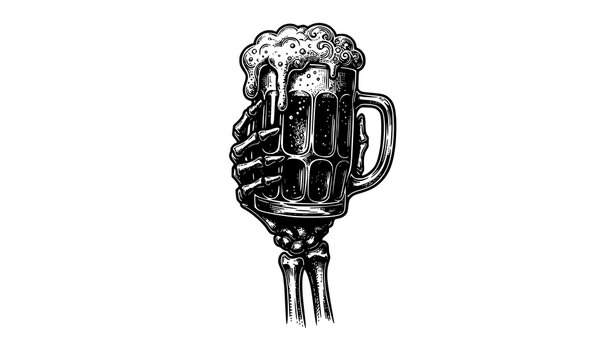 Skeleton hand holding beer mug vintage Halloween bar engraving illustration