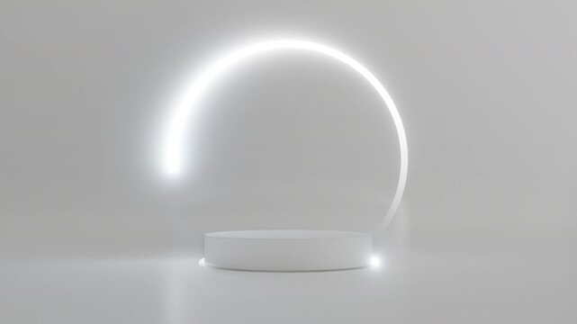 Podium with a bright white circle in rotation swirling around glowing on white background. Futuristic showcase with platform for product display. Presentation on empty stage. 3d animation loop 4K