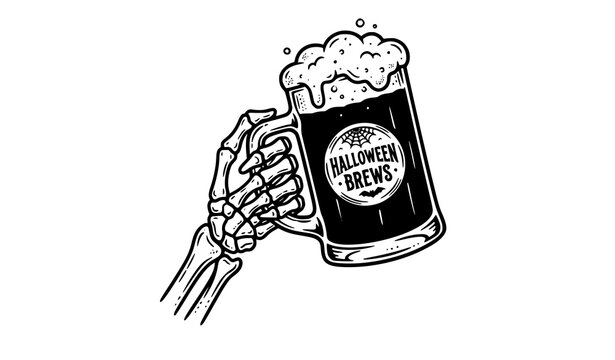 Trendy skeleton hand beer mug vector bundle with Halloween bar and vintage spooky illustration