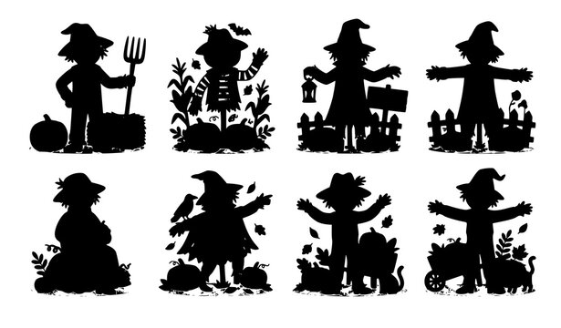 Halloween scarecrow characters vector set with spooky pumpkin farm illustration collection