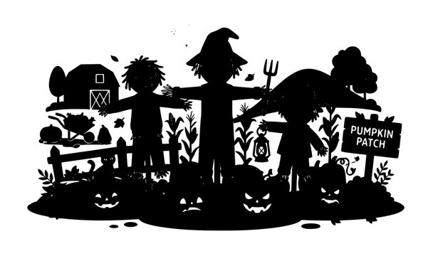Modern Halloween scarecrow and pumpkin farm vector illustration with spooky autumn character design