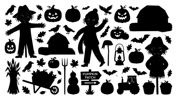 Trendy Halloween scarecrow vector bundle with spooky pumpkin farm character illustration set
