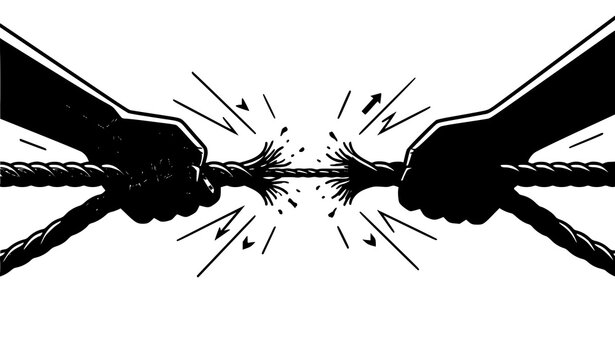 Modern tug of war hands vector illustration with rope tension and business conflict concept