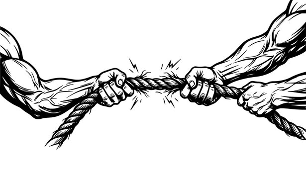 Hands pulling rope power struggle vector illustration with tension and breaking force concept