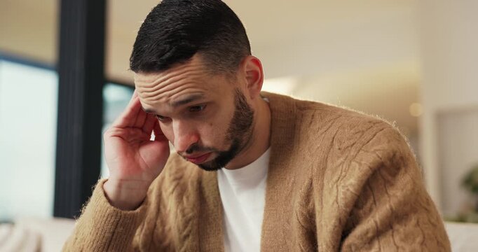 Mental health, overthinking or man in house with headache, anxiety trigger or memory of past trauma. Stress, fatigue or male person with depression, flashback or overwhelmed with emotional thoughts.