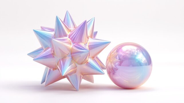 Iridescent geometric star with shimmering facets. Round sphere reflects soft, shifting pastel hues. Both objects glow under gentle white lighting. Ideal for modern design, luxury branding