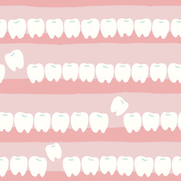 Cute tooth seamless pattern on pink striped background