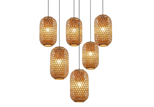Five hanging decorative paper lanterns with intricate cut designs