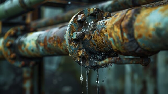 Rusty pipe drips water slowly against weathered metal. Corrosion marks show age and neglect over time. Droplets hang mid-air, catching light before falling. Industrial decay dominates this gritty
