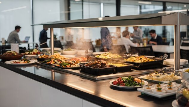 Medium shot of a vibrant tech hub corporate lunch buffet featuring sleek hot food stations and branded cold dishes with blurred office environment in the background.